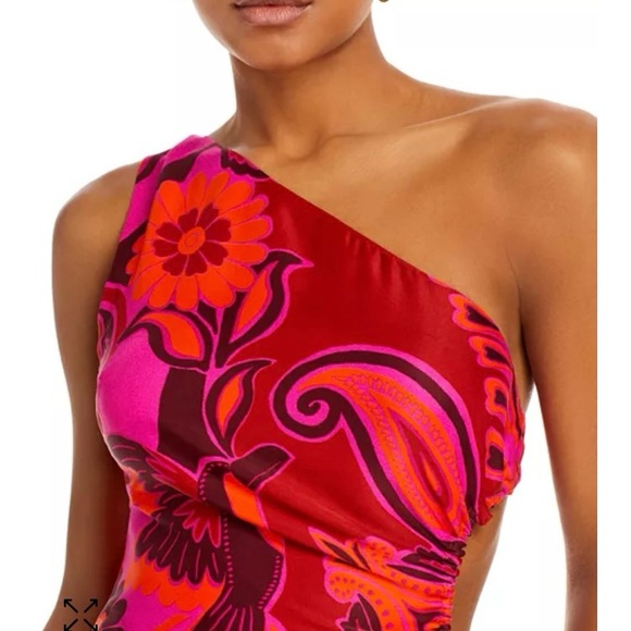 NEW FARM Rio Bold Floral Pink Midi Dress One Shoulder Cut-Out Beaded Tie Size L - Picture 3 of 16